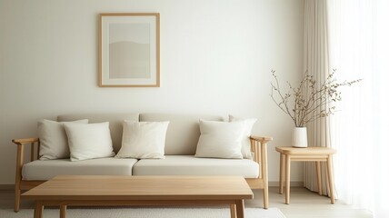 Japandi living room with clean lines, neutral palette, and a lowprofile wooden table   clean lines, neutral palette, wooden table