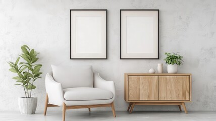 Japandi, scandinavian interior design of modern living room Armchair against stucco wall Wooden cabinet and two art frames