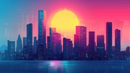 Obraz premium Minimalist skyscraper silhouette with modern typography, futuristic cityscape in gradient tones, business, urban growth concept.