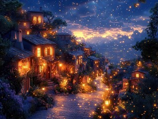 Obraz premium enchanting aerial view of a cozy village at night, with streets aglow from warm cottage lights and fireflies dancing amidst a starry sky, encapsulating a serene, magical ambiance