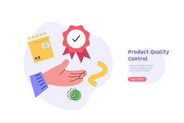 Product quality control illustration. Concept of product guarantee, service quality. Checklist and certificate. Inspecting product. Vector illustration in flat design for web banner, UI