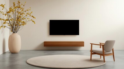 Living room with a minimalist TV stand, concrete floors, and a large neutraltoned rug   minimalist TV stand, concrete floor, neutral decor