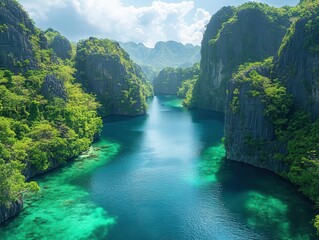 enchanting limestone islands rise dramatically from a serene lagoon, surrounded by azure waters and lush greenery, evoking a sense of tranquility and natural beauty