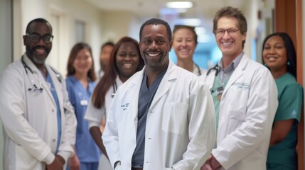 Fototapeta premium Portrait of a group of happy doctors, nurses, and other medical staff in a hospital.