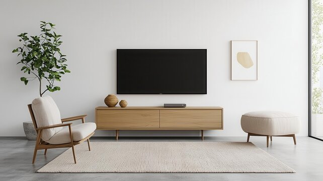 Living room with a minimalist TV stand, concrete floors, and a large neutraltoned rug   minimalist TV stand, concrete floor, neutral decor