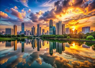 Fototapeta premium Panoramic Urban Landscape of Modern City Architecture at Sunset