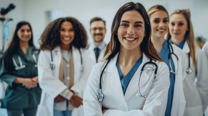 Fototapeta premium Portrait of a group of happy doctors, nurses, and other medical staff in a hospital.