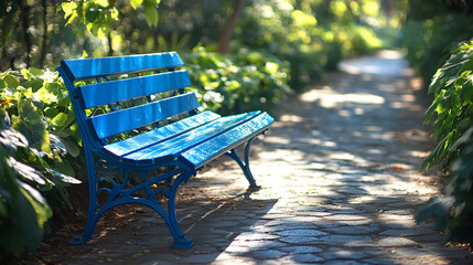 Bright blue bench in a park setting with sunlight.