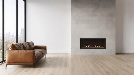Loft living room featuring a concrete fireplace, light wood flooring, and a sleek leather sofa   concrete fireplace, leather sofa, light wood floor