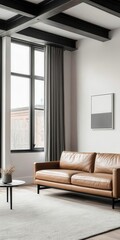 Loft living room featuring a minimalist leather sofa, floortoceiling windows, and exposed steel beams   leather sofa, steel beams, minimalist design