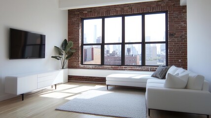Loft living room with floortoceiling windows, white furniture, and industrial accents   industrial accents, white furniture, minimalist loft