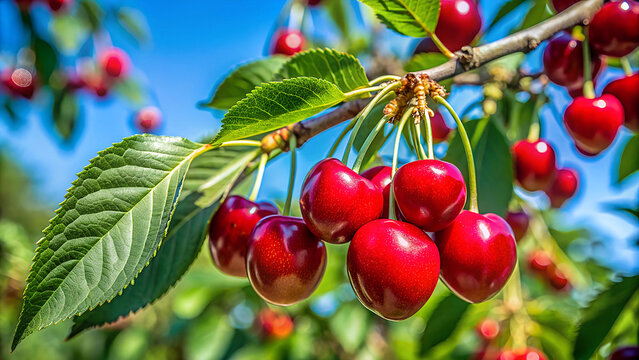 Cherry hanging with branch and leaves garden  background, blue sky.