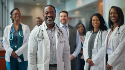Fototapeta premium Portrait of a group of happy doctors, nurses, and other medical staff in a hospital.