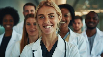 Fototapeta premium Portrait of a group of happy doctors, nurses, and other medical staff in a hospital.