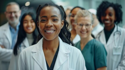 Fototapeta premium Portrait of a group of happy doctors, nurses, and other medical staff in a hospital.