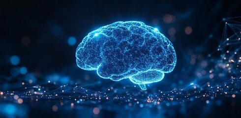 Abstract digital brain illustration with connected lines and dots.