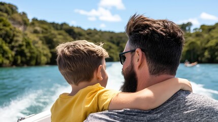 Fototapeta premium Father and son bonding during scenic boat trip in nature