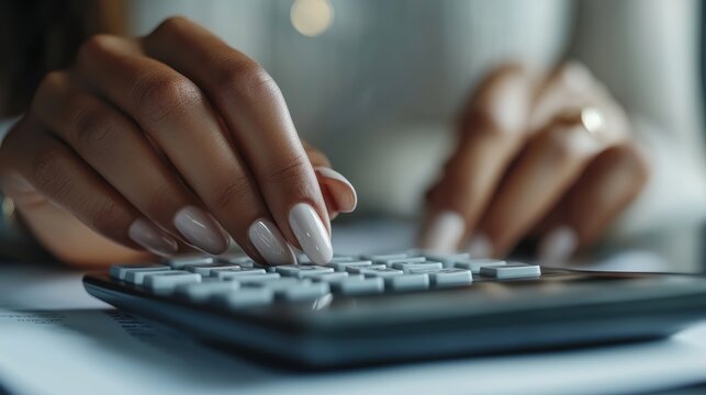 Financial planning: close-up of woman's hand using calculator for budget analysis
