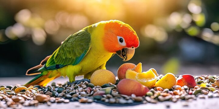 parrot eating seeds and fruit 