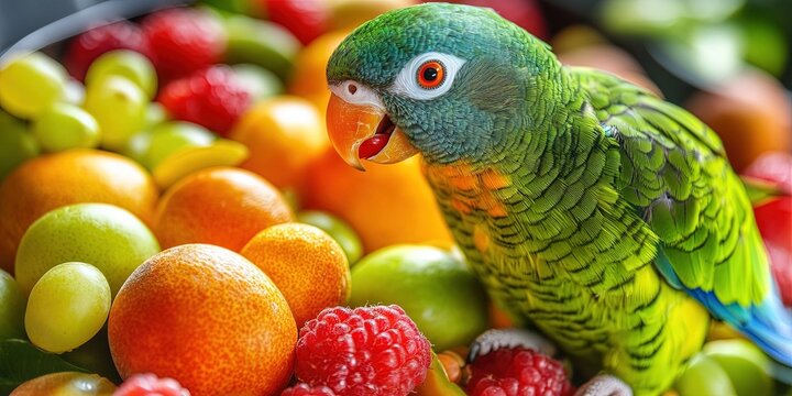 parrot eating seeds and fruit 
