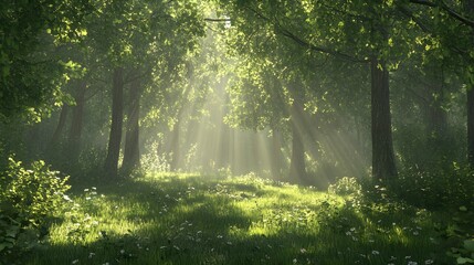 Obraz premium A tranquil scene of a serene forest with a gentle breeze rustling the leaves, sunlight filtering through the canopy, creating dappled patterns on the forest floor, evoking a sense of peacefulness 