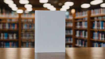 Copy space of a book with blank cover on the table under blurred library background for mock up, 3D...