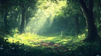 Obraz premium A tranquil scene of a serene forest with a gentle breeze rustling the leaves, sunlight filtering through the canopy, creating dappled patterns on the forest floor, evoking a sense of peacefulness 