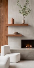Minimalist loft featuring a floating wood shelf, a concrete fireplace, and sleek white seating   floating shelf, concrete fireplace, white seating