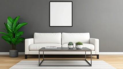 Minimalist living room with grey walls, white leather furniture, and an industrial metal coffee table   grey walls, white leather, industrial table