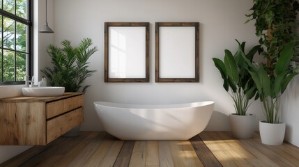 Minimalist bathroom design with poster mockup and natural elements for interiors