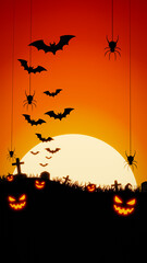 Halloween background for party invitation. orange halloween banner or background with cutest pumpkins spider and bats. Silhouette image on the theme of Halloween, grass and spiders. 3D Rendering