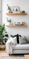 Minimalist loft living room with a floating wood shelf, blackandwhite decor, and industrial accents   floating shelf, blackandwhite decor, industrial style