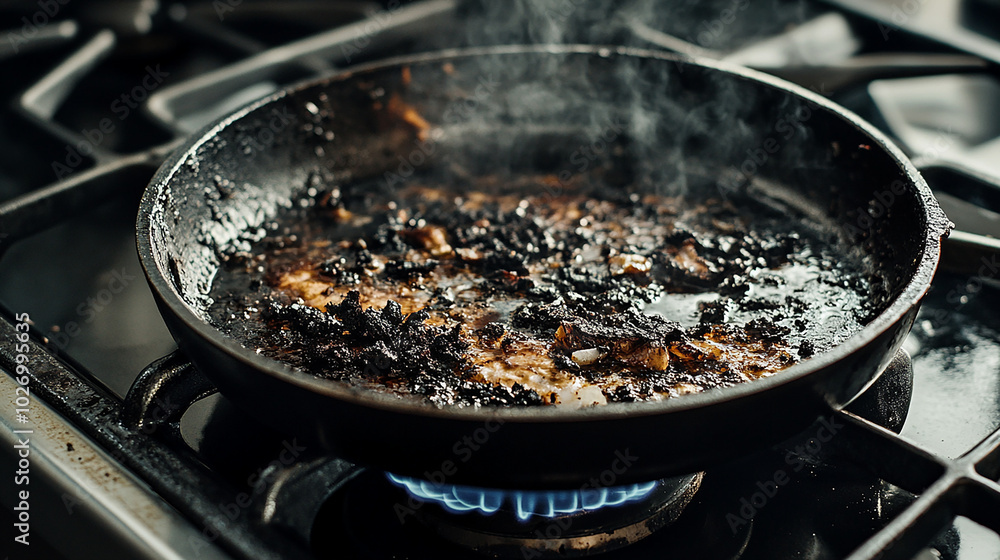 Wall mural burnt meal on a stove showing a clear cooking mishap