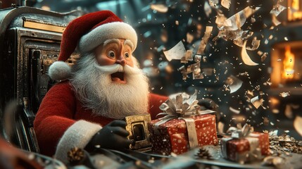 Santa Claus with Gift Wrapping Machine Excitement