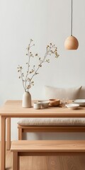 Modern Japandi dining room with a lowprofile wooden table, neutraltoned cushions, and simple, clean tableware   wooden table, neutral tones, minimalist dining
