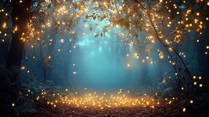 Enchanted Forest with Twinkling Lights at Night