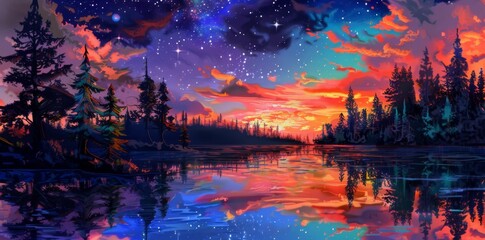 Obraz premium A painting of a night sky with stars above a lake.
