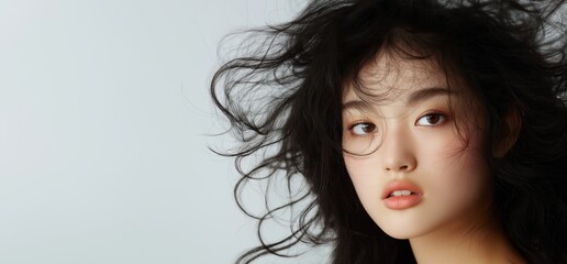 Spring beauty portrait of a young woman with windblown hair for fashion and cosmetics design