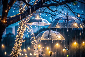 Raindrops on Clear Umbrellas Under Tree Branch in Thunderstorm - Night Photography