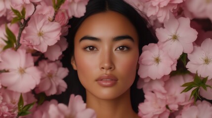 Naklejka premium Spring beauty portrait: young asian woman surrounded by pink blossoms for floral-themed digital media