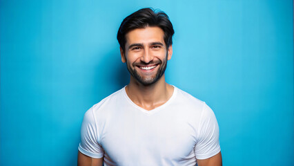 Man happy and smile wea white t-shirt on blue background.