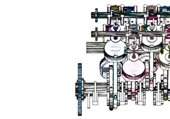 Multicolored V-shaped automobile engine on white background.