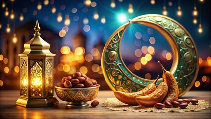 Fototapeta premium Ramadan Kareem Holiday Design with 3D Golden Crescent Moon and Arabic Calligraphy for Stunning Food Photography