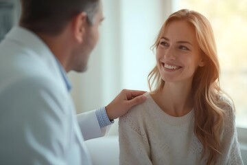 Fototapeta premium A young Caucasian woman smiling and talking to a man in a medical uniform, likely a doctor