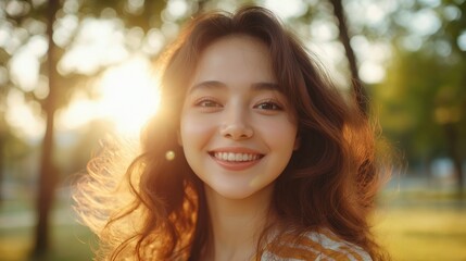 Fototapeta premium Springtime joy: radiant smiling woman in sunlit park for lifestyle and wellness