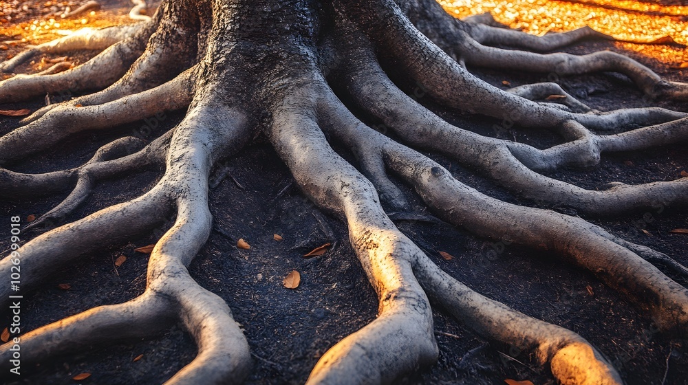 Poster a close-up of tree roots intertwining with the ground, creating natural patterns