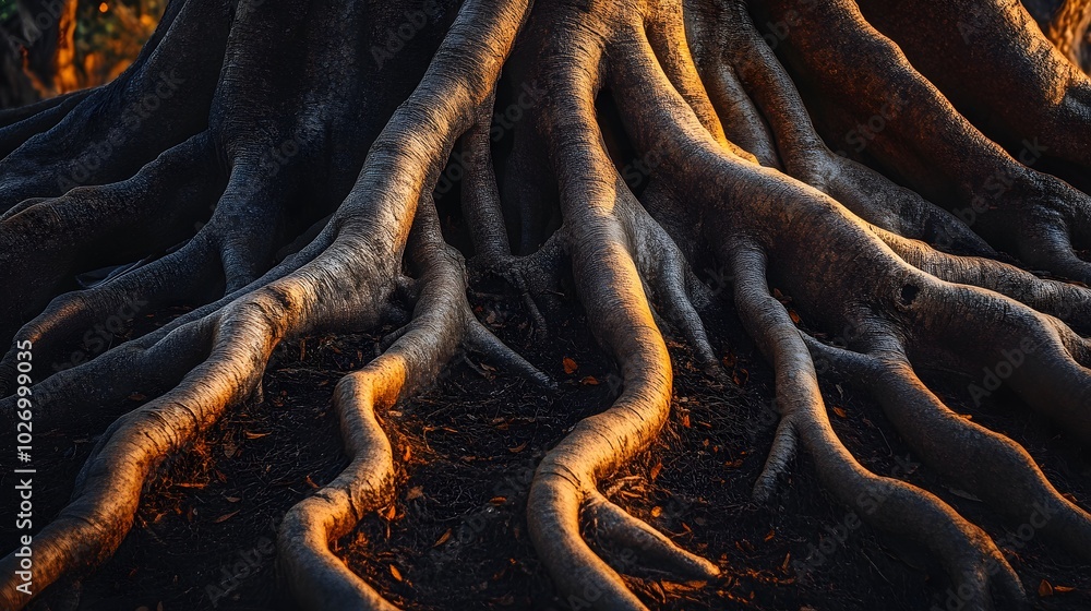 Poster a close-up of tree roots intertwining with the ground, creating natural patterns