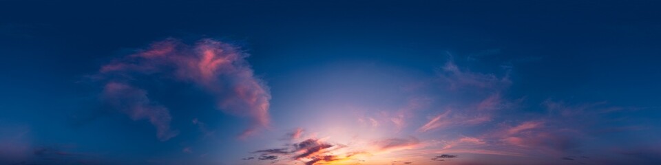 Fototapeta premium Dark sunset sky with bright glowing pink Cirrus clouds. Seamless spherical HDR 360 panorama. Full zenith or sky dome in 3D, sky replacement for aerial drone panoramas. Climate and weather change.
