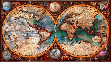 Obraz premium Vintage World Map with Globe Illustration and Ornate Frame