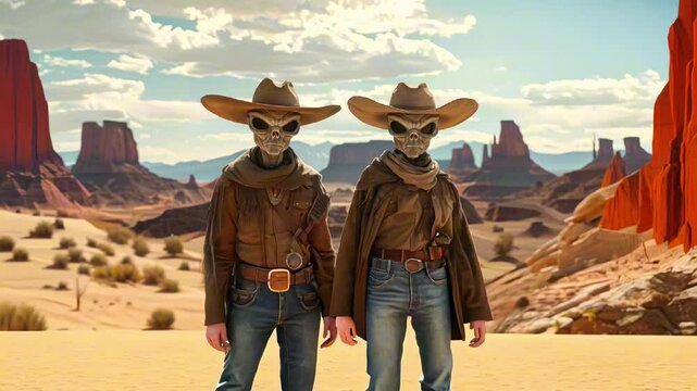 Two aliens dressed as cowboys stand in desert landscape with a large rock formation. Wild West, western style